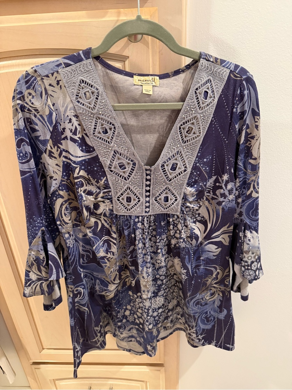 Meadow Rue Navy and Gray Printed V-Neck Tunic with Embroidered Yoke
